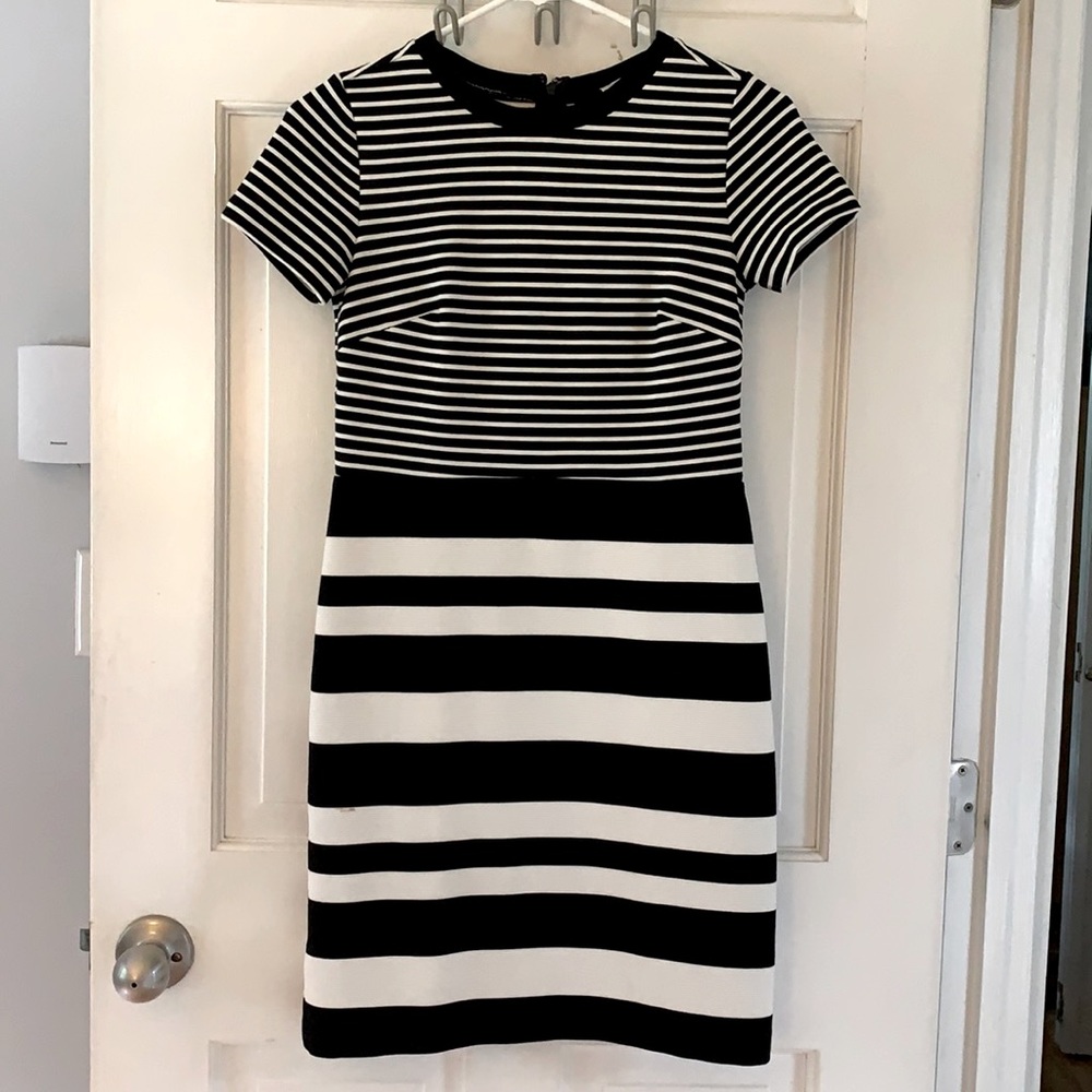 Black and white size 0P short sleeved fitted dress